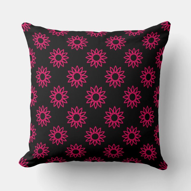 Coussin Fleur géométrique 01 - Rouge néon sur noir (Recto)
