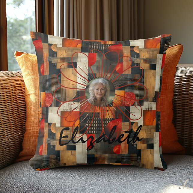 Coussin Fleur géométrique ambre – Art abstrait chaud (Créateur téléchargé)