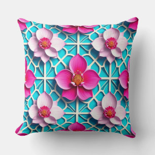 Coussin Fleur géométrique turquoise rose