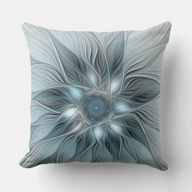 Coussin Fleur Joyeuse Abstrait gris bleu floral Fractal (Recto)