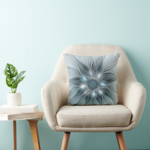 Coussin Fleur joyeuse abstraite fleur bleue grise fractale
