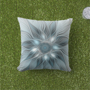 Coussin Fleur joyeuse abstraite florale fractale bleue gri