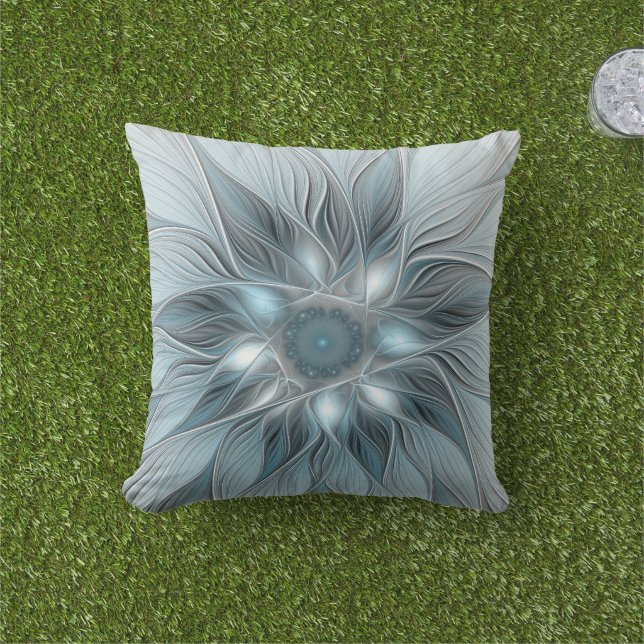 Coussin Fleur joyeuse abstraite florale fractale bleue gri (Herbe)