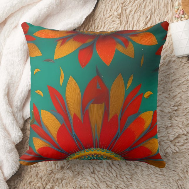 Coussin fleur marocaine or rouge orange sarcelle bleu (Couverture)