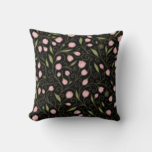 Coussin Fleur mignonne, rose sur noir avec motif répétitif