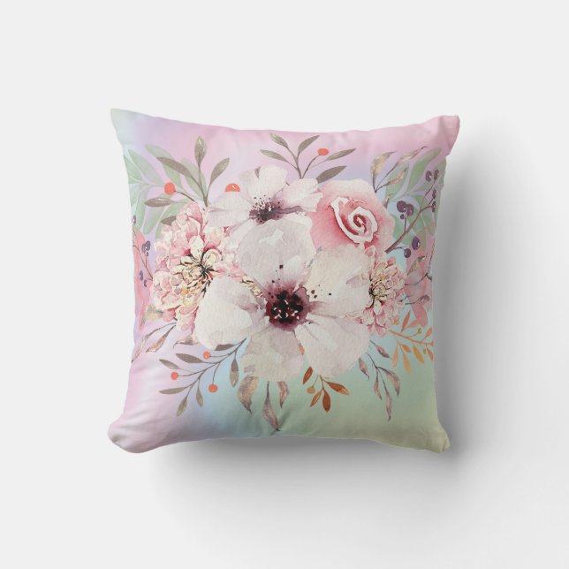 Coussin Fleur Moderne Pastel Rose Clair Aquarelle  (Recto)