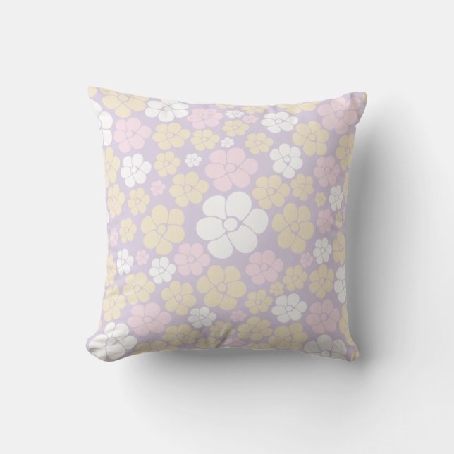 Coussin Fleur Motif - Pastel rose, jaune et violet (Recto)