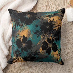 Coussin Fleur noire en gras avec sarcelle et moutarde