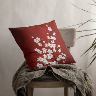 Coussin Fleur Orientale Florale Rouge Et Blanc De Cerisier