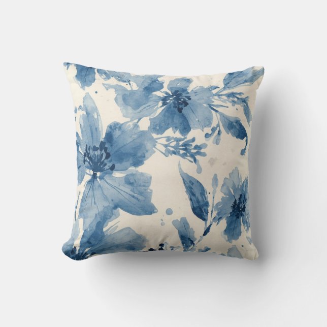 Coussin Fleur peinte à l'aquarelle bleue Botanique Fantais (Recto)