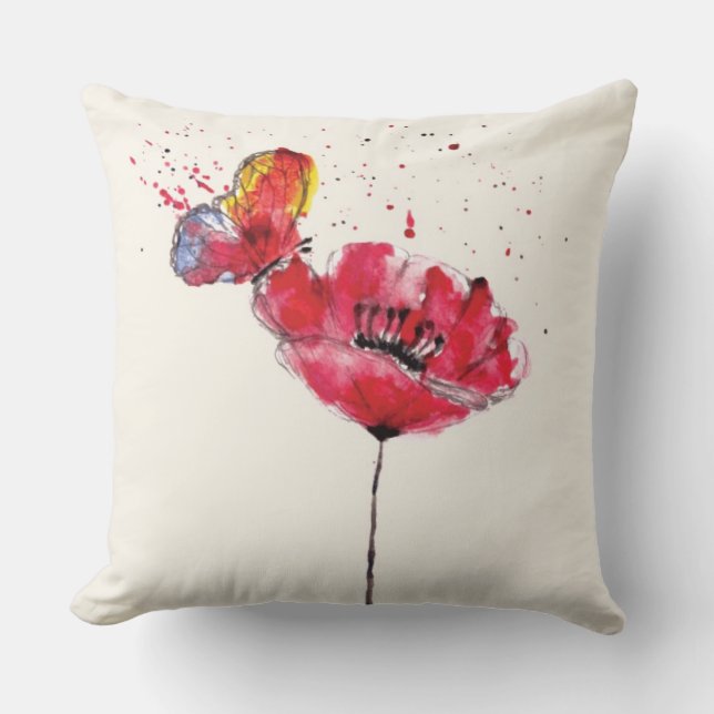 Coussin Fleur peinte stylisée de pavot d'aquarelle (Recto)