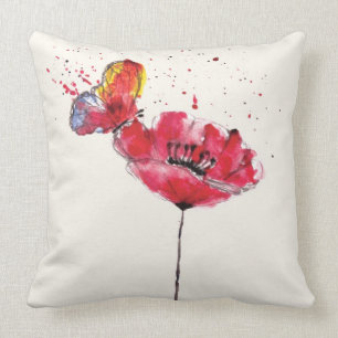 Coussin Fleur peinte stylisée de pavot d'aquarelle