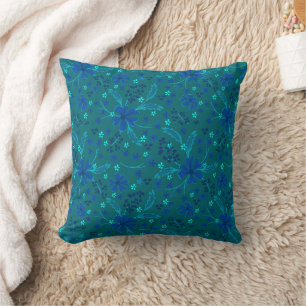 Coussin Fleur retro bleu turquoise foncé monochromatique