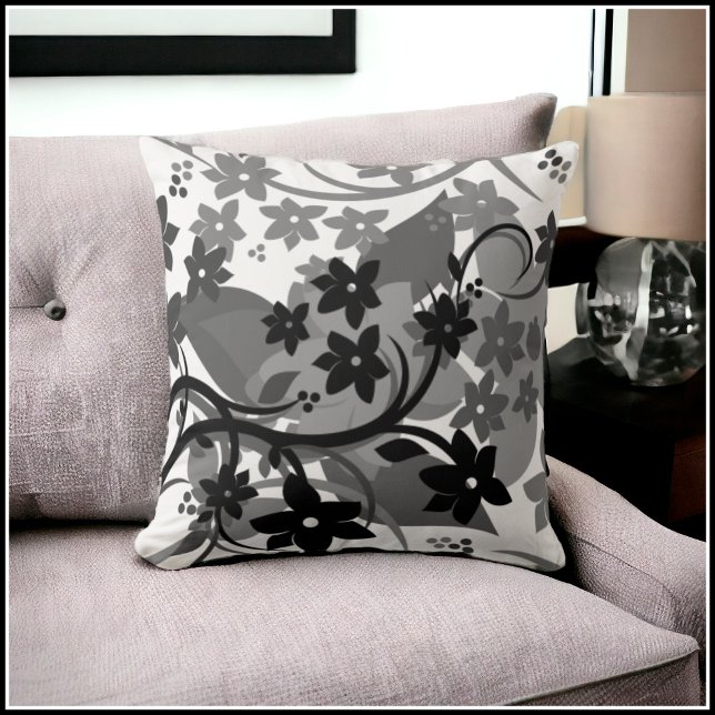 Coussin [Fleur retro] Conception graphique botanique grise (Choose from 8 Different Color Variations)