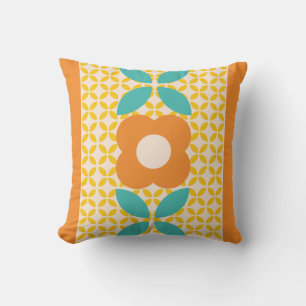Coussin Fleur Rétro, Motif Géométrique Orange, Sarcelle, R
