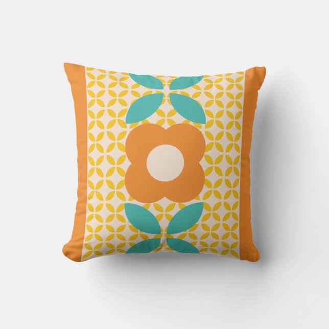 Coussin Fleur Rétro, Motif Géométrique Orange, Sarcelle, R (Recto)