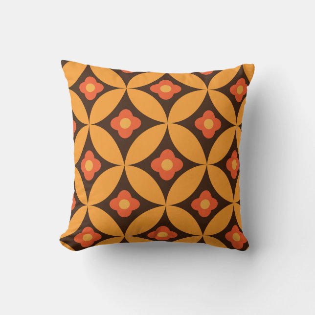 Coussin Fleur rétro sur cercles orange du milieu du siècle (Recto)