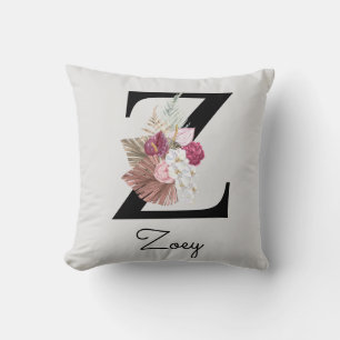 Coussin Fleur rose boho initiale Z monogrammée