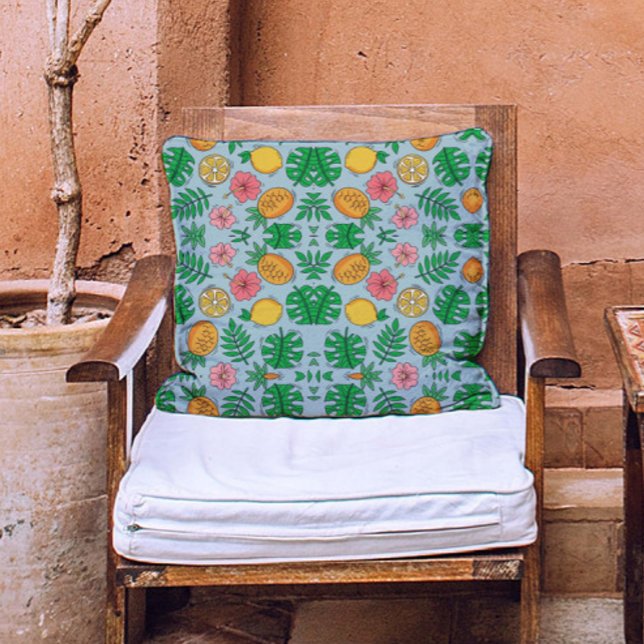 Coussin Fleur rose colorée ananas citron motif Bleu (Créateur téléchargé)