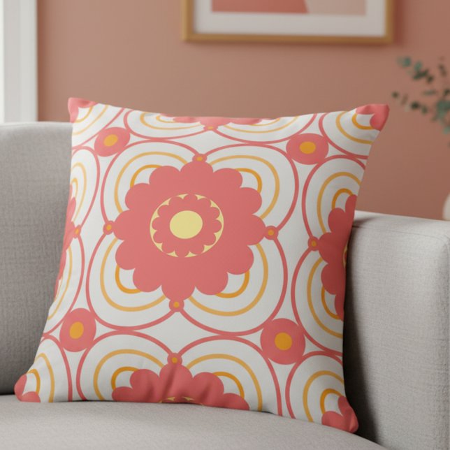 Coussin Fleur Rose Corail (Hand‑drawn and mid‑century inspired, perfect for a soft‑color statement.)