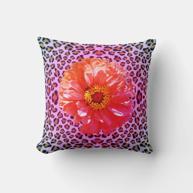 Coussin Fleur rose et orange funky avec motif léopard (Recto)
