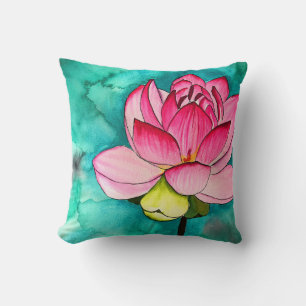 Coussin Fleur rose lotus beaux-arts aquarelle