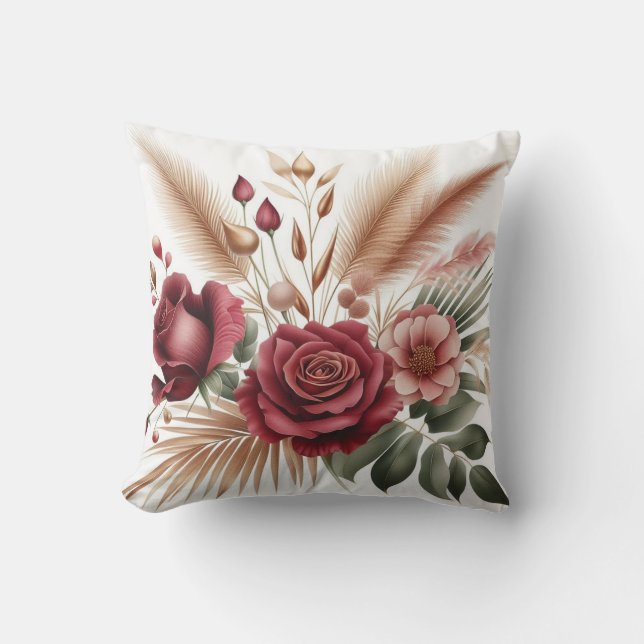 Coussin Fleur rose moderne de couleur rouge avec eucalyptu (Recto)