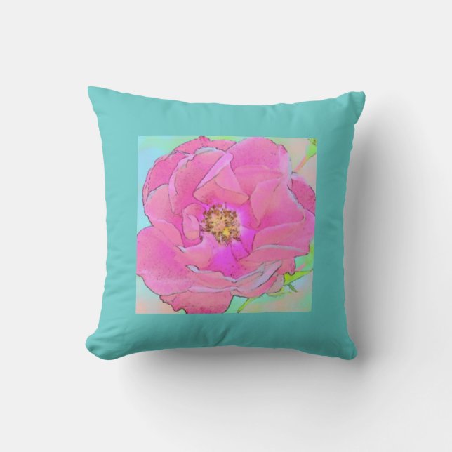 Coussin Fleur rose pastel Bordure bleu clair (Recto)