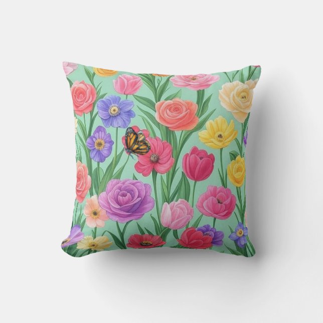 Coussin Fleur rose printanière colorée (Recto)