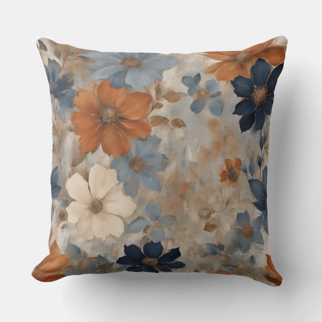 Coussin Fleur Rustique Bleu Marine Orange Bleu Poussiéreux (Recto)