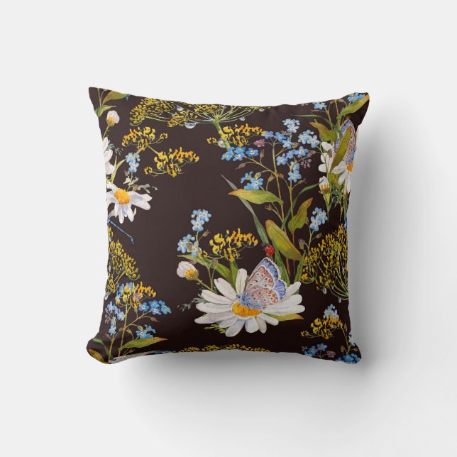 Coussin Fleur sauvage : aquarelle arrière - plan noire (Recto)