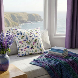 Coussin Fleur sauvage aquarelle bleu violet