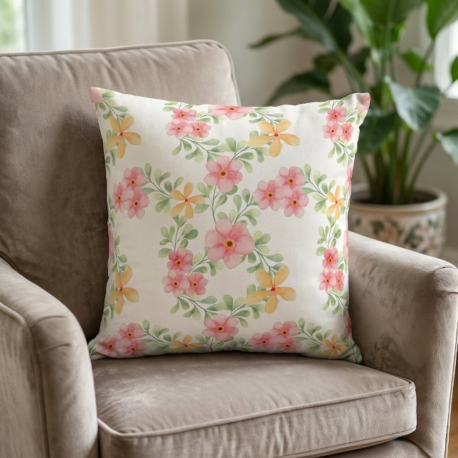 Coussin Fleur sauvage aquarelle orange rose vert (Pink Orange Green Watercolor Wildflower Throw Pillow)