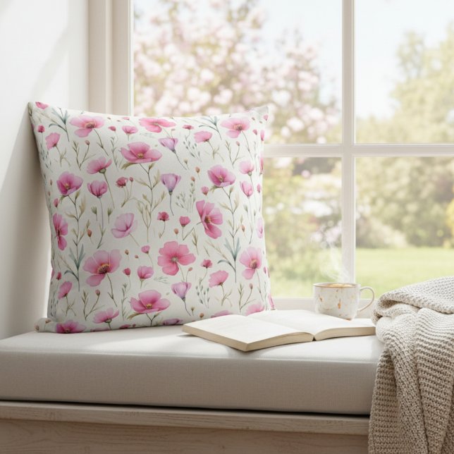 Coussin Fleur sauvage aquarelle rose  (Créateur téléchargé)