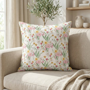 Coussin Fleur sauvage aquarelle rose vert