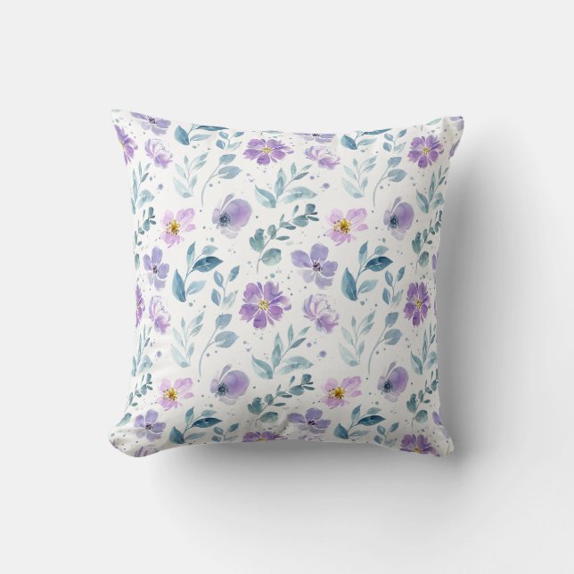 Coussin Fleur sauvage aquarelle verte violette (Recto)