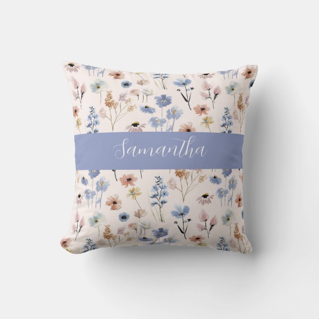 Coussin Fleur sauvage bleue aquarelle nom personnalisé (Recto)