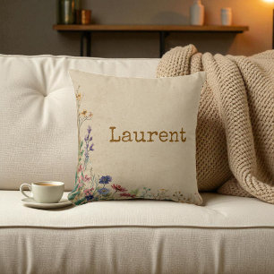 Coussin Fleur sauvage bohème rustique à bordure beige