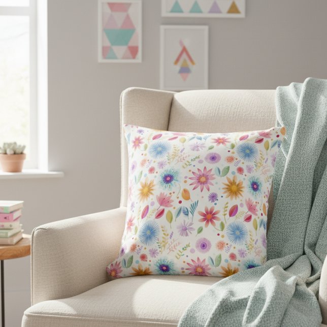 Coussin Fleur sauvage boho bleu violet rose (Créateur téléchargé)