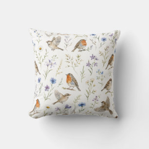 Coussin Fleur Sauvage Botanique Nature Cottagecore Oiseau