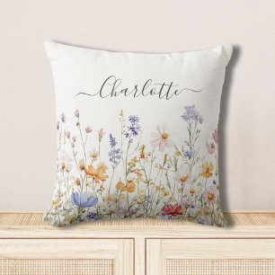Coussin Fleur Sauvage Colorée Aquarelle Monogramme Élégant