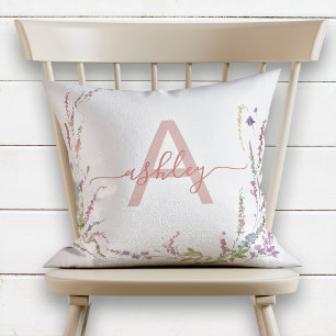 Coussin Fleur sauvage d'aquarelle moderne Monogramme initi