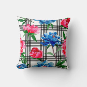 Coussin Fleur sauvage rouge et bleu pivoines fleurs motif 