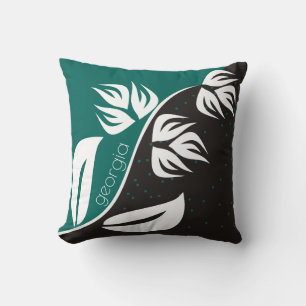 Coussin Fleur stylisée noir et turquoise - choisir n'impor