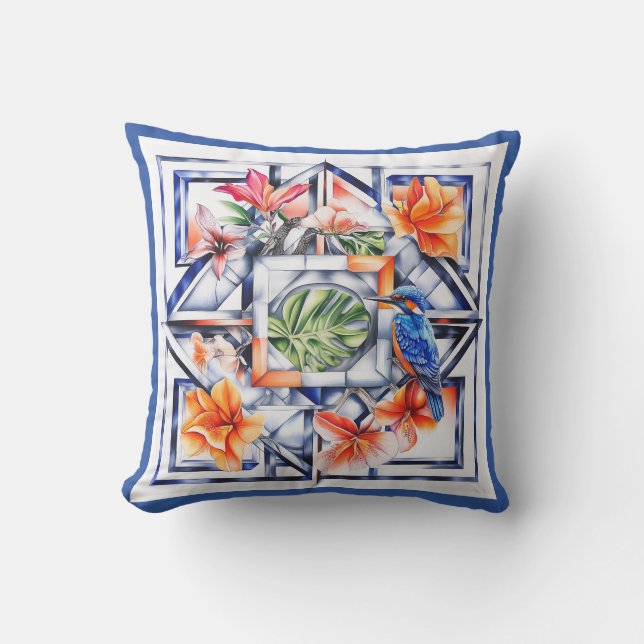 Coussin Fleur tropicale, botanique avec oiseau (Recto)