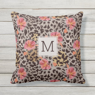 Coussin Fleur tropicale Empreinte de léopard, Monogramme