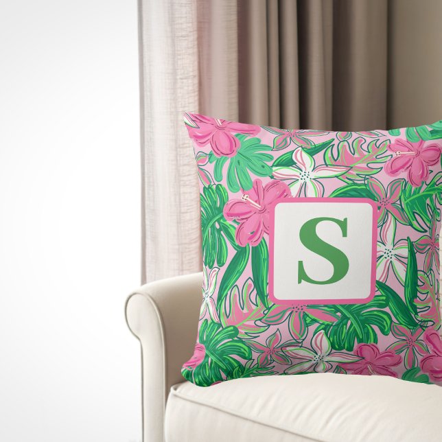 Coussin Fleur tropicale Monogramme rose blanc vert Preppy (Créateur téléchargé)
