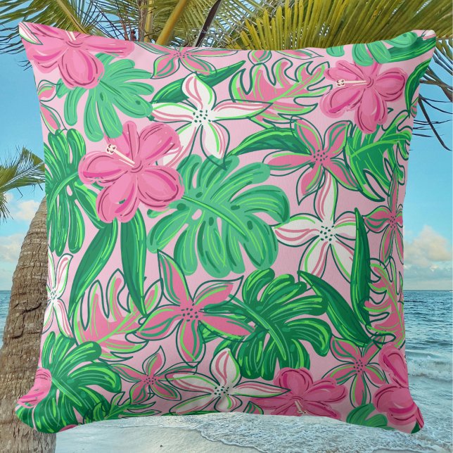 Coussin Fleur tropicale rose blanc vert Preppy (Créateur téléchargé)