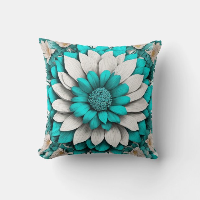 Coussin Fleur Turquoise Hyperréaliste avec entourage (Recto)