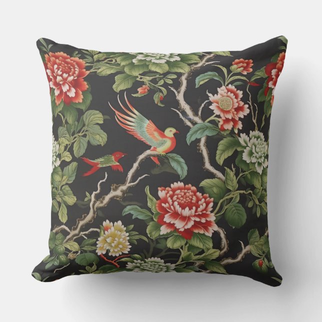 Coussin Fleur vert rouge chinois (Recto)